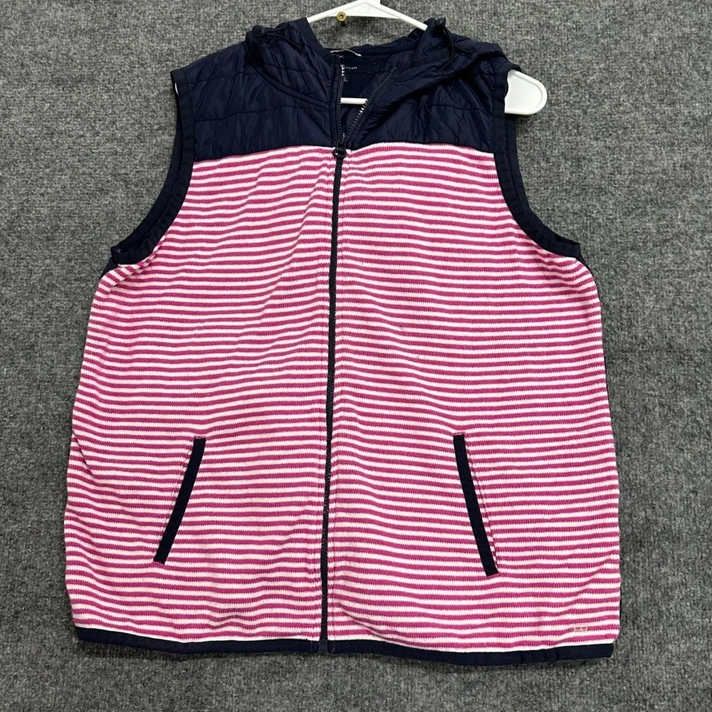 Tommy Hilfiger Vest Womens Size XL Pink Navy Striped Quilted Hooded Athluxe Zip